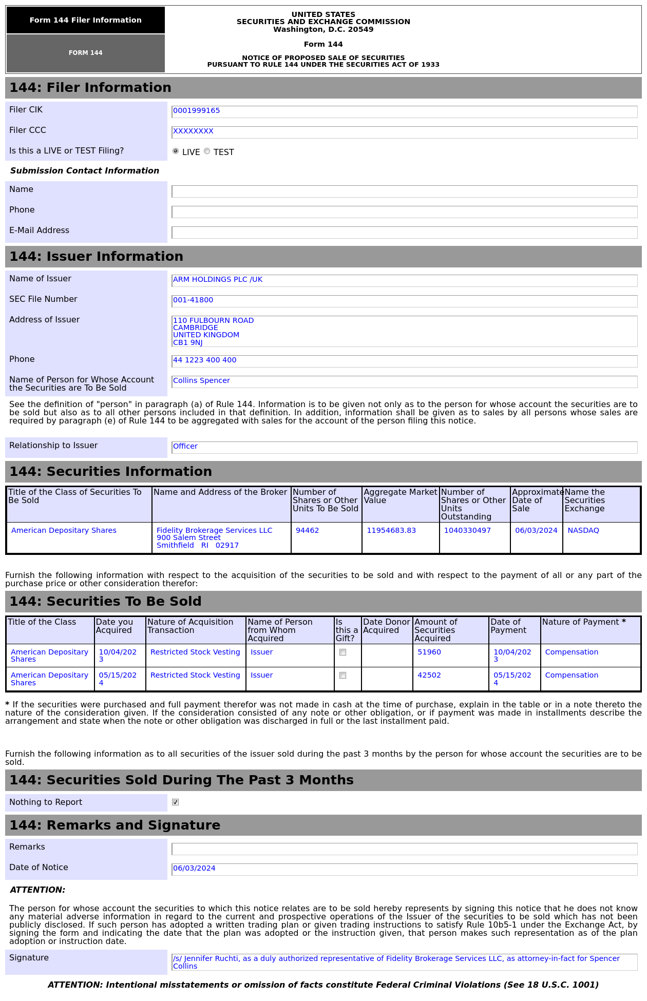 Form 144 | Arm Holdings(ARM.US)高管拟出售9.45万股股份，价值约1,195.47万美元  第1张