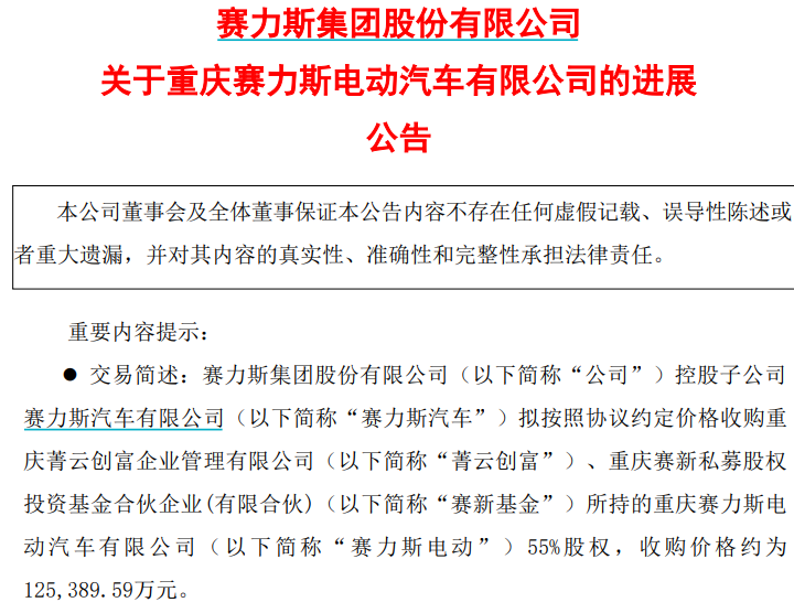 赛力斯：赛力斯汽车拟12.54亿元收购赛力斯电动剩余55％股权