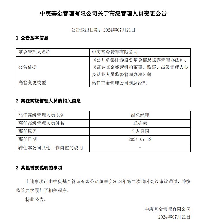 丘栋荣因个人原因离任中庚基金副总经理  第1张