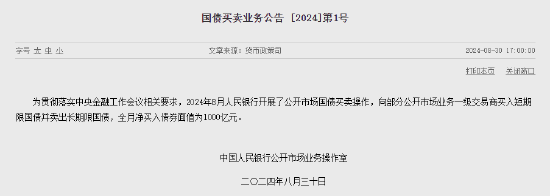 央行：2024年8月开展了公开市场国债买卖操作 全月净买入债券面值为1000亿元  第1张