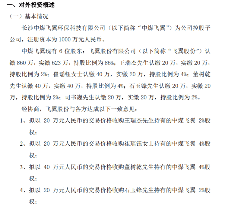 飞翼股份分别以20万的价格收购王瑞杰、崔瑶钰、董树乾、石玉锋、司书巍持有的中煤飞翼合计14%股权  第1张