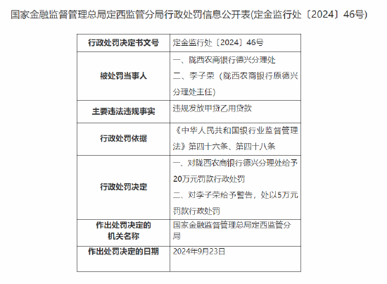 陇西农商银行德兴分理处被罚20万元：违规发放甲贷乙用贷款  第1张